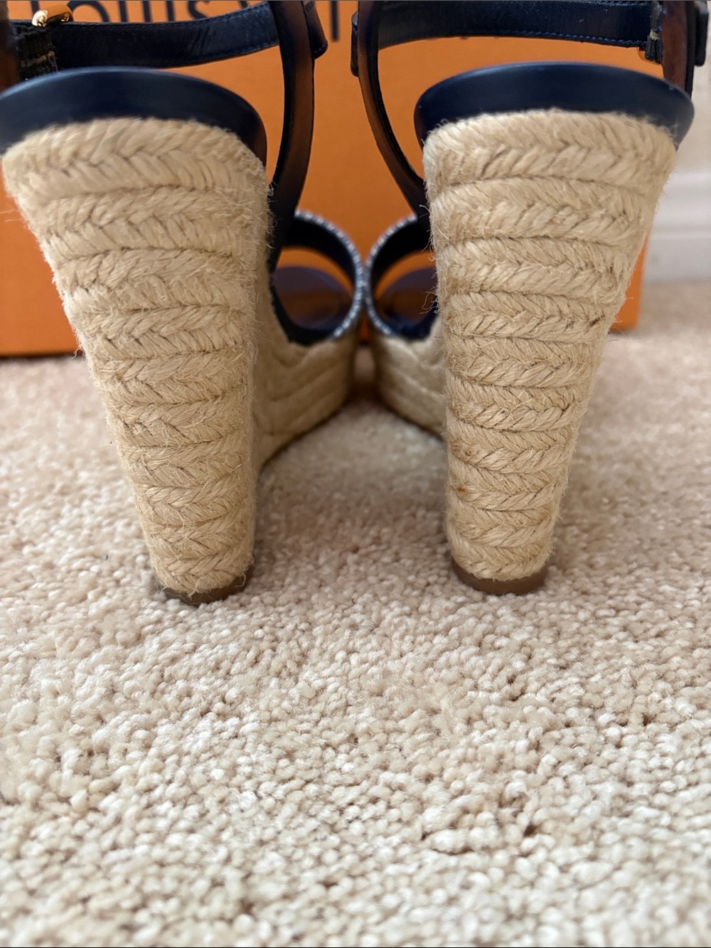 Louis Vuitton Navy Monogram Striped Canvas Espadrille Wedge Sandals - Picture 4 of 8